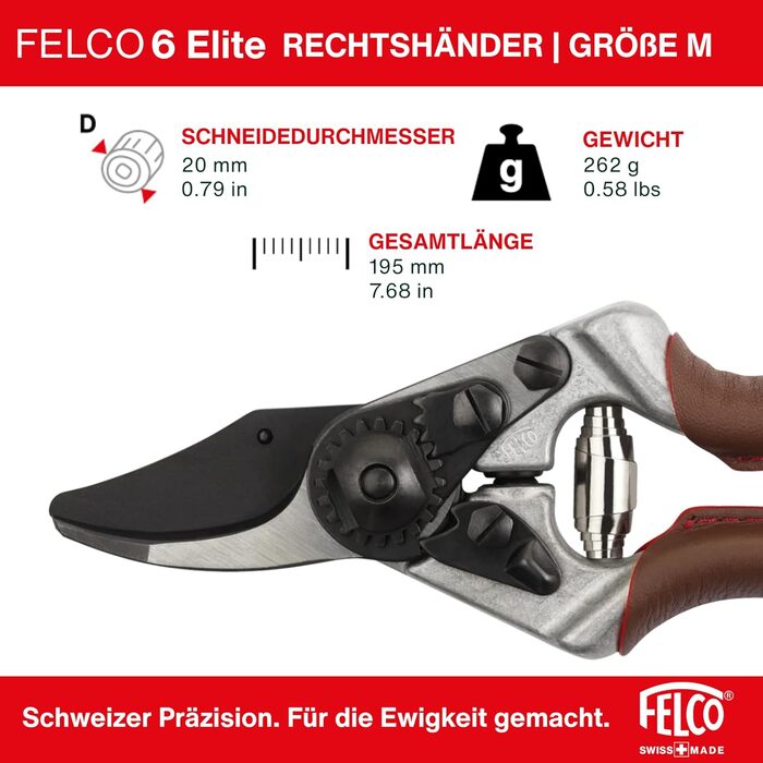 Ергономічні садові ножиці FELCO 6 ELITE для правшів, середнього розміру, шкіряні ручки, чорне лезо F-Tech, діаметр різання 20 мм, довжина 195 мм, зроблено у Швейцарії. FELCO 6 Elite 195 мм x 195 мм