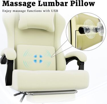 Ігрове крісло Cavabien, Ігрове крісло з масажною поперековою опорою та підставкою для ніг, Геймерське крісло з регулюванням висоти з тканини з подушками кишенькових пружин (біле)