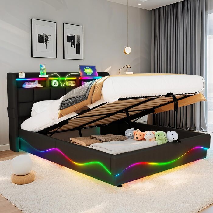 Ліжко-міні-гарнітур 140x200 см із зарядною станцією USB/Type-C, різнокольоровим світлодіодним підсвічуванням, полицею біля узголів&39я та великим місцем для зберігання під ліжком, шкіряне, чорне. Ліжко 140 x 200 см Ebd854-bk