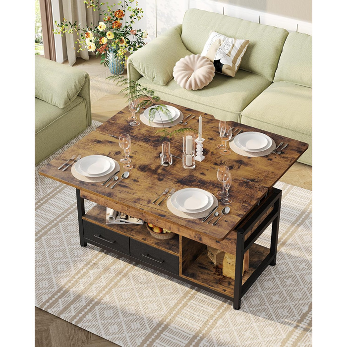 Журнальний столик з регульованою висотою, багатофункціональний стіл для вітальні 3-в-1, журнальний столик з 2 шухлядами, приховане місце для зберігання речей, відкрите відділення, можна використовувати як обідній стіл, для вітальні, офісу, коричневий