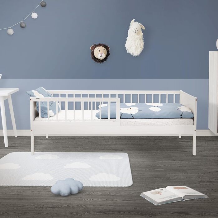 Дитяче ліжко ML-Design 80x160 см, біле, односпальне ліжко для дітей з рейковою основою та захисними поручнями, дитяче ліжко з сосни, дерев&39яне ліжко, каркас ліжка для хлопчиків та дівчаток, дитяче ліжечко з масиву дерева, ліжечко для малюків 80 x 160 см