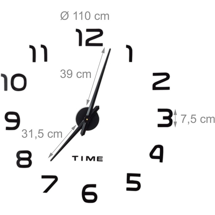 Настінний годинник Relaxdays DIY, 3D-цифри, настінне татуювання годинника, проста установка, змінний розмір, сучасний, чорний