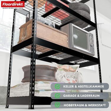 Посилений стелаж Floordirekt Yukon Rivet 160 x 150 x 80 см, 4 яруси, чорний Сталевий стелаж з полицями з дротяної сітки Вантажопідйомність 250350 кг на ярус Різні розміри та кольори, чорний, 160 x 150 x 80 см, 4 яруси