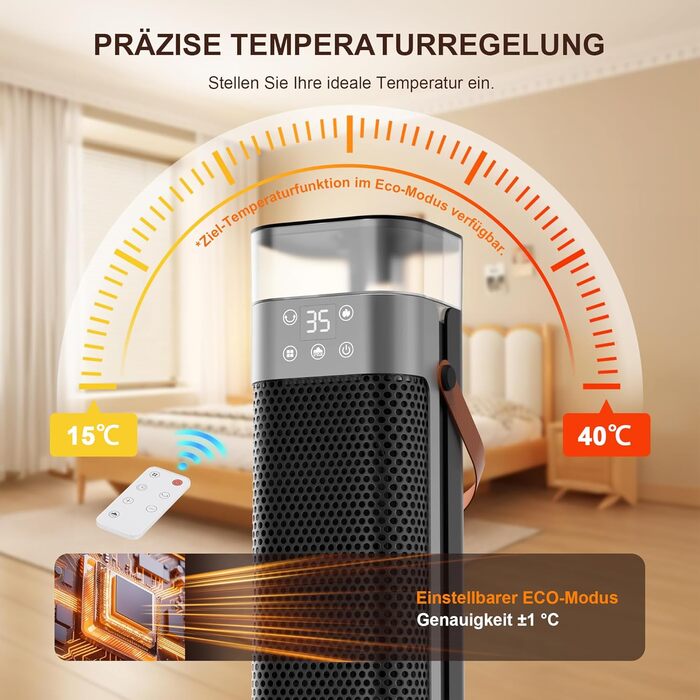 Енергозберігаючий електричний вентилятор-обігрівач, керамічний нагрівач PTC потужністю 2000 Вт з функцією зволоження, пульт дистанційного керування, коливання 75, 3 режими фонового освітлення, режим ECO, захист від перегріву та перекидання, 12-годинний та