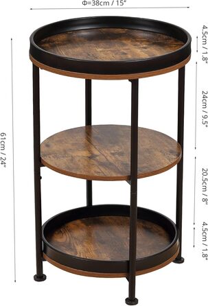 Промисловий 3-ярусний журнальний столик, вінтажний круглий журнальний столик із міцним металевим каркасом, для вітальні, спальні та балкону (колір рустик-коричневий)
