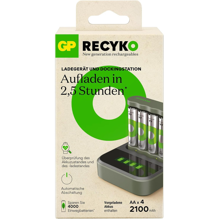 Зарядний пристрій GP ReCyko USB B441, включаючи 4 батареї ReCyko AA 2100 мАг та USB-док-станцію, зарядний пристрій для батарей AA AAA зі світлодіодними індикаторами