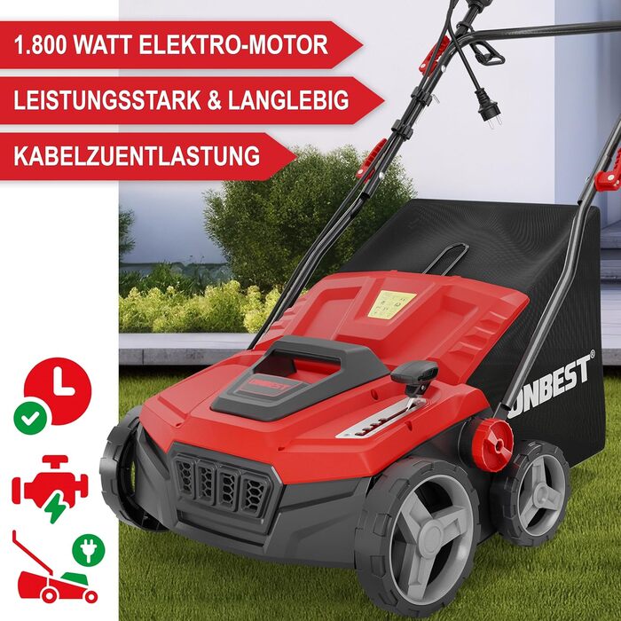 В-1 Електричний Вертикуттер 1800 Вт Ширина захоплення 38 см Обєм травозбірника 45 л з Вертикутуючим та Аераційним Валками для Видалення Моху/Бурянів та Покращення Повітряного Обміну Газону, 2-