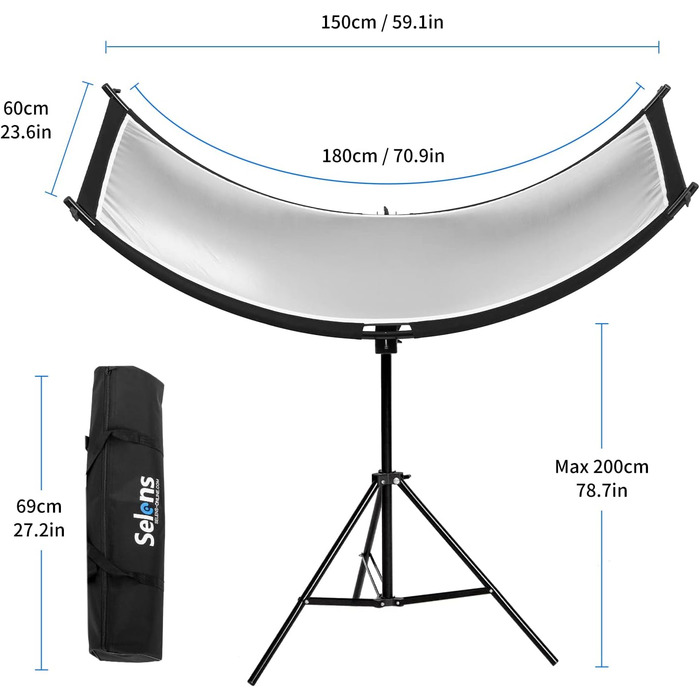 Портретний рефлектор Selens 4 в 1 (60x180 см) з U-подібною формою та світловим штативом (200 см)