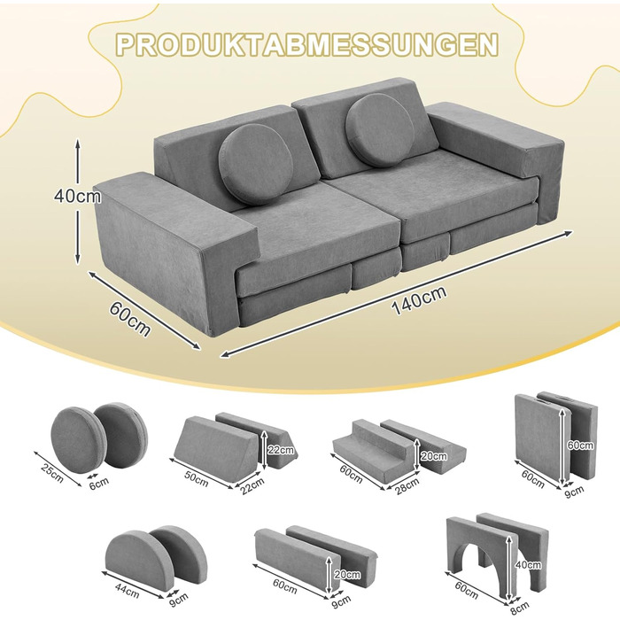 Дитячий диван LALAHO, ігровий диван для дітей, виготовлений з вельвету, складні пінопластові будівельні блоки, дитячий диван та дитяче крісло, універсальний та вільно складаний своїми руками, для дитячої ігрової кімнати, меблі для спальні (сірий)