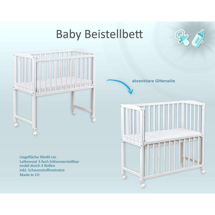 Дитяче ліжечко, біле, 90x40 см, дитяче ліжко/колиска, регульована по висоті, мобільне з колесами та матрацом