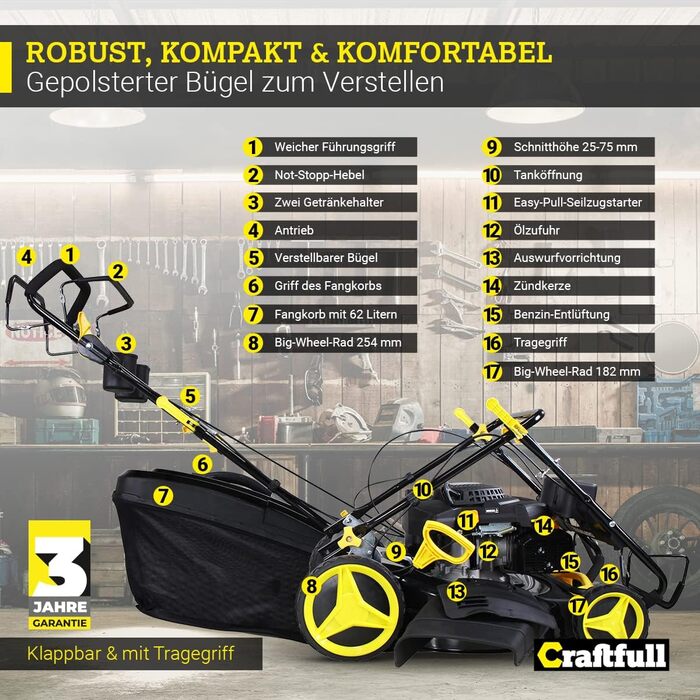 Бензинова газонокосарка Craftfull Premium CR-196-10 Євро 5 4,4 кВт - двигун OHV 196 куб.см - самохідна з плавною коробкою передач GT - ширина зрізу 53 см за 8 ступенів (CR-196-10 4,4 кВт 6 Ps 196 куб.см двигун жовтий)