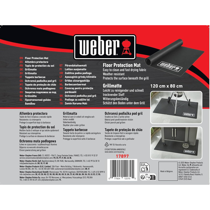 Захисний килимок для гриля Weber - Малий (120 x 80 см), захист тераси та балкона від бризок жиру та рідин, термостійкий та стійкий до погодних умов антибактеріальний матеріал, підходить для всіх типів грилів (17897)