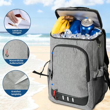 Рюкзак-холодильник для кемпінгу, місткість 24 літри, ізольований рюкзак для пікніка, водонепроникний рюкзак-холодильник, герметична портативна м&39яка сумка-холодильник для пляжу, подорожей, пікніка, сірий