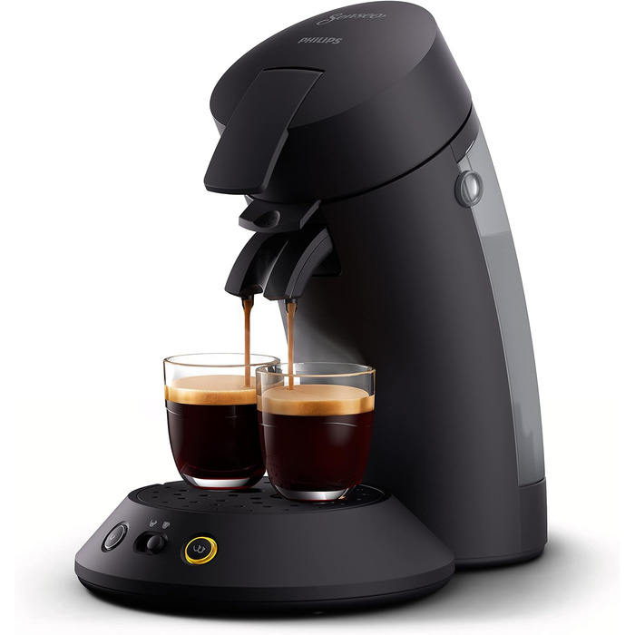 Кавоварка Philips Original Plus Eco Coffee Pod, вибір міцності кави, технологія Coffee Boost, 80* перероблений пластик, на 45** менше енергоспоживання, 2 чашки одночасно, чорний колір піаніно (CSA210/22)