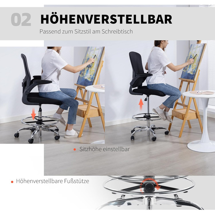 Офісний стілець HOMCOM Ергономічне робоче крісло з відкидними підлокітниками, регульованим кільцем для ніг та 4D поперековою опорою, регульоване за висотою поворотне крісло для малювання з сітчастою тканиною, чорний колір