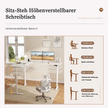 Г-подібний електричний стіл Klicelor, регульована висота, 190 x 155 см, Г-подібний стіл для роботи стоячи з 3 функціями пам&39яті та технологією запобігання зіткненням, ергономічний комп&39ютерний стіл, білий 190 x 155 см білий