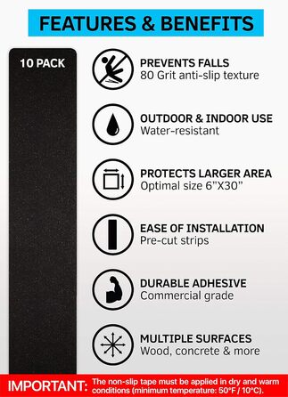 Протиковзка стрічка для зовнішніх сходів 15x76 см (комплект з 10 шт.) Протиковзкі смужки для зовнішніх сходів, самоклеючі, чорні