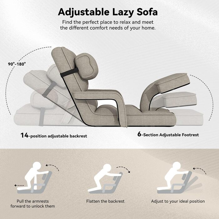 Крісло UNIONLINE, регульоване складне ігрове крісло з підлокітниками, подушкою та підставкою для ніг, одне крісло, ліжко для спальні, для дому, офісу, бежевий