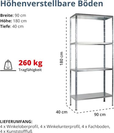 Система стелажів SCHULTE з 4 полицями PowerMAX, вантажопідйомність 65 кг, 180x90x40 см (ВxШxГ), оцинкована (полиця для зберігання, полиця для майстерні, полиця для підвалу, полиця для гаража, металева полиця)