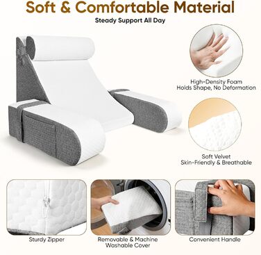 Подушка для читання зі знімним потиличним валиком та підлокітником, ергономічна подушка для спини/книги з кишенею для зберігання та чохлом, який можна прати, для ліжка та дивана для читання, роботи, сну та перегляду телевізора