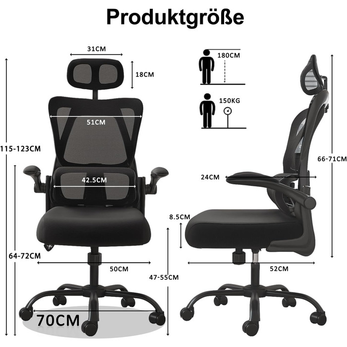 Офісний стілець Devoko, ергономічний стілець з поперековою підтримкою, регульовані підлокітники, комп'ютерний стілець, що регулюєт