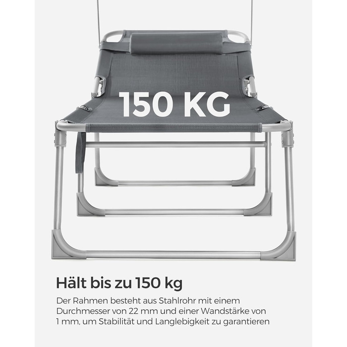 Шезлонг SONGMICS, розкладний крісло-реклайнер, 193 x 53 x 29 см, витримує до 150 кг, сонцезахисний козирок, підголівник, регульована спинка, для саду, басейну, патіо, темно-сірий GCB19UV1 темно-сіра подушка не входить до комплекту