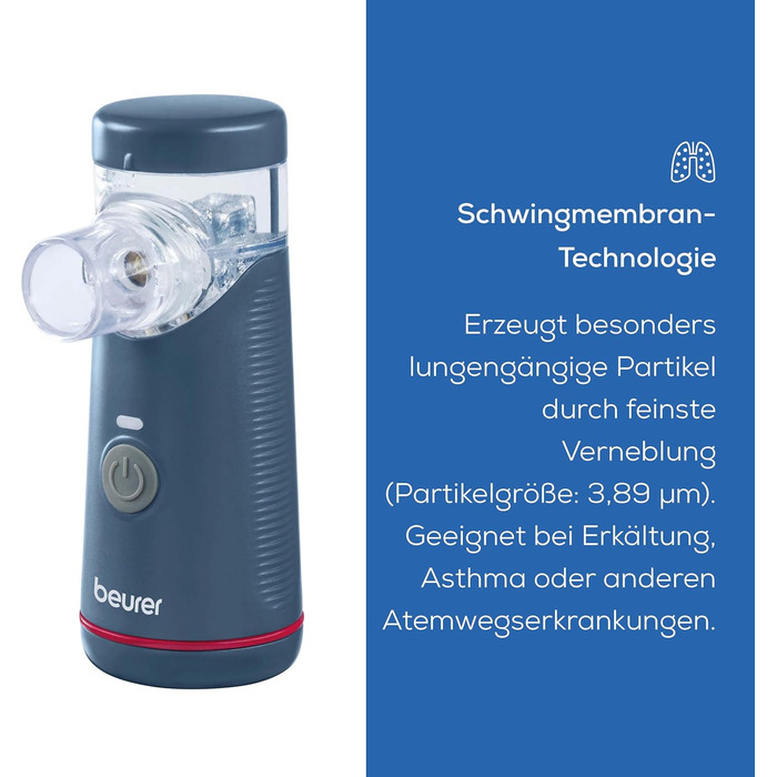 Інгалятор Beurer IH 49, портативний інгаляційний пристрій для дітей та дорослих, для лікування застуди, астми та інших респіраторних захворювань, акумуляторна батарея, особливо тихий