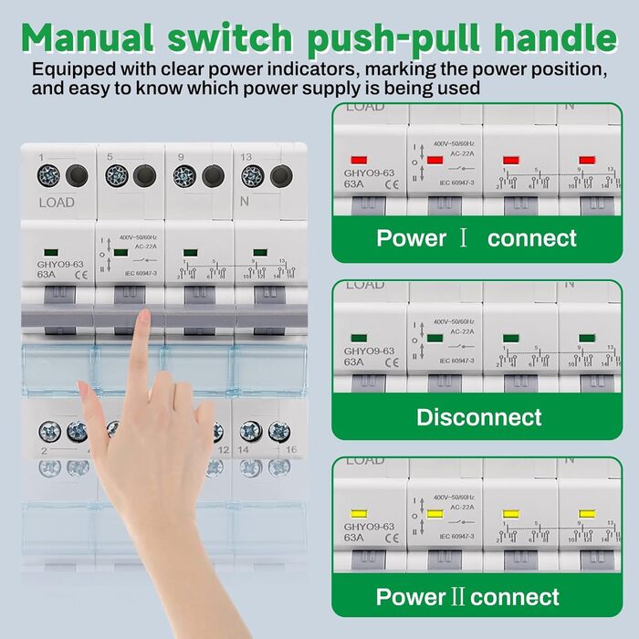 Ручний вимикач подвійного живлення AC 400V з індикатором живлення, монтаж на DIN-рейку. 4P-63A-400V, 4P 63A