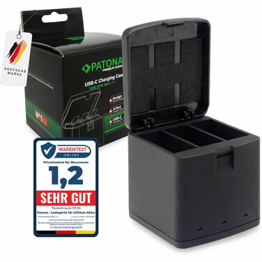 Зарядний кейс PATONA преміум-класу з 3 відсіками, сумісний з GoPro Hero 13, AEBAT-201 Заряджає 3 акумулятори одночасно Зі світловим індикатором та застібкою-клацкою Компактний та легкий У комплекті кабель USB-C