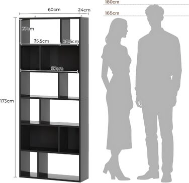 Книжкова полиця, 6-ярусна полиця, окремостояча книжкова шафа з 12 відкритими відділеннями, полиця для вітальні, спальні, ванної кімнати, офісу, сучасна, легко збирається, 173x60x24 см, чорна