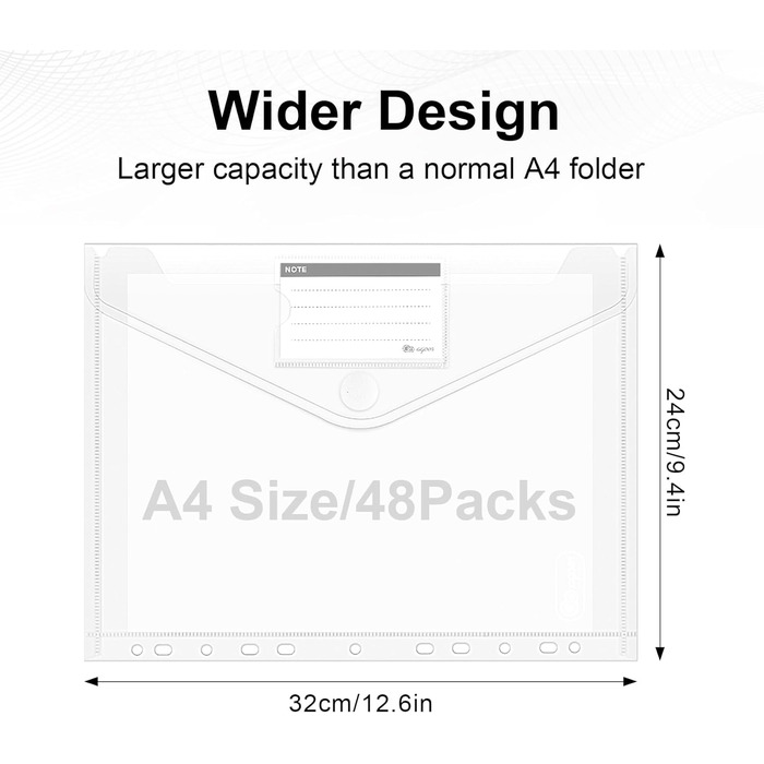 Сумка для документів Agoer 48 шт. A4 на липучці, ширші розміри Папка для документів A4 для подачі, A4 прозора з 11 отворами для впорядкування документів з кишенею для етикеток 48 шт. на липучці