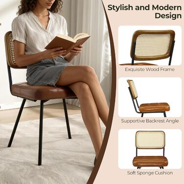 Обідні стільці Zouron з ротанга, комплект з 2 шт. , коричнева штучна шкіра - сучасні обідні стільці середини століття з трубчастими спинками, оббиті штучною шкірою, кухонний стілець з ротанга та тростини без підлокітників з чорними металевими ніжками