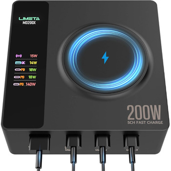 Зарядний пристрій LIMETA 200 Вт USB C 5-портовий PD3.1 бездротовий магнітно-безпечний швидкий зарядний пристрій (140 Вт макс.) з 3