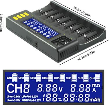 Зарядний пристрій LiitoKala Lii-S8, швидкий зарядний пристрій з РК-дисплеєм та сенсорним керуванням, 18650, 8 слотів, зарядний пристрій 9V для Li-ion, LiFePO4, Ni-MH, Ni-Cd, AA, AAA, C, 21700, 26650, 13650, 16340, 18700, RCR123