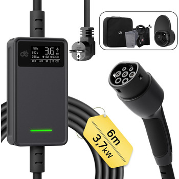 Зарядний кабель електромобіля тип 2 Schuko - 3.68кВт 1-фазний, 6м, 6-16А тип 2 до Schuko з керованим цифровим дисплеєм - Зарядний