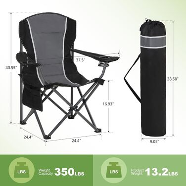 Крісло для кемпінгу LET&39S CAMP, складне крісло, складане рибальське крісло з тримачами для напоїв та сумкою для перенесення, складне крісло XL до 160 кг, чорно-сіре