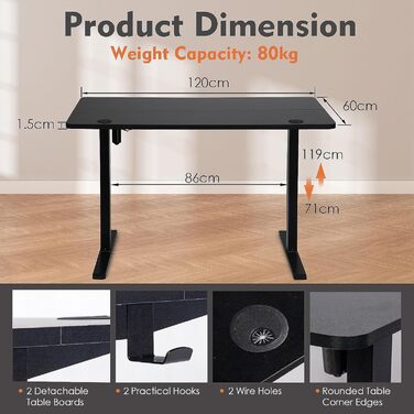 Електрично регульований по висоті стіл для роботи стоячи, 120 x 60 см, стіл для роботи сидячи/стоячи з пам&39яттю налаштувань та світлодіодним дисплеєм, стіл для роботи стоячи з гачками та підключенням для кабелів, робочий стіл для домашнього офісу, чорни