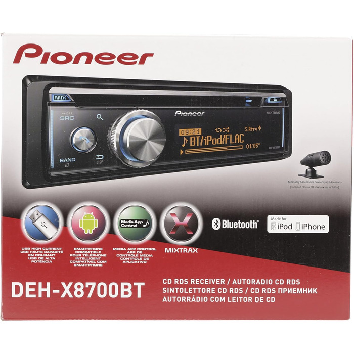 Автомобільна стереосистема Pioneer DEH-X8700BT 1DIN, вхід Bluetooth, MP3, USB та AUX, RGB-підсвічування, гучний зв'язок Bluetooth, додаток Smart Sync, 5-смуговий еквалайзер