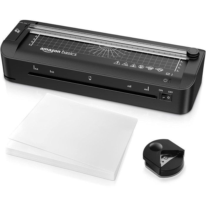 Термоламінатор Storeo Basics 3-в-1 для паперу A4, з функціями різання, перфорації та заокруглення кутів, включає 10 чохлів, штекер ЄС, чорний A4 Нова колекція Одинарний