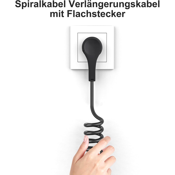 Подовжувач спірального кабелю, спіральний кабель із захисним контактом, що розтягується від 0,8 м до 5 м Макс, 230 В, 16 А, IP20, захисний контактний спіральний подовжувач із вилкою та муфтою Schuko, чорний від 0,8 м до 5 М