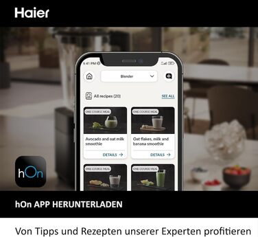 Блендер Haier з функцією подрібнення льоду та смузі-машиною, міксер 1200 Вт I зі скляним контейнером 1,7 л і функцією самоочищення пляшки To-Go I 0,6 л, можна мити в посудомийній машині та 5 швидкостей серія 5-HBL5B2