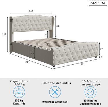 М&39яке ліжко 140x200 з місцем для зберігання, гідравлічне ліжко з місцем для зберігання, дитяче ліжко з узголів&39ям, каркас двоспального ліжка з ящиком для зберігання та рейковою основою, без матраца, оксамит (Бежевий 2, 140 x 200 см) Бежевий 2 140 x 20