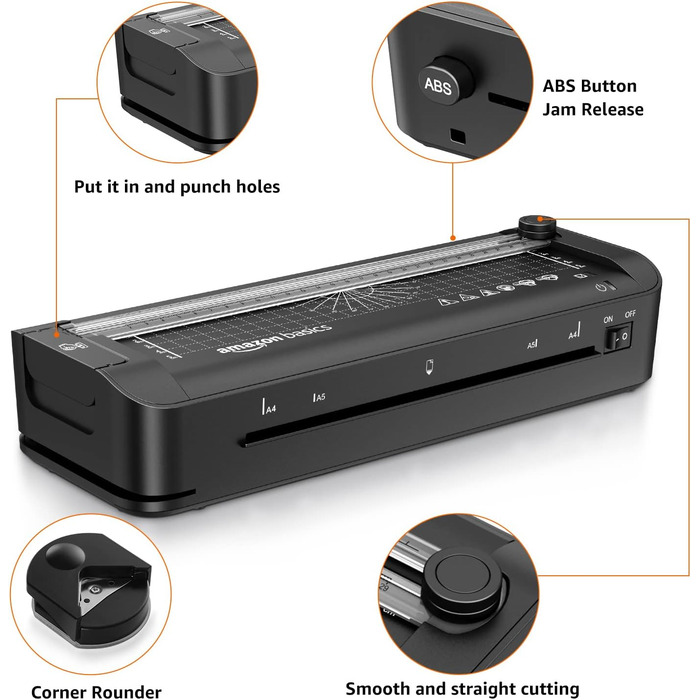 Термоламінатор Storeo Basics 3-в-1 для паперу A4, з функціями різання, перфорації та заокруглення кутів, включає 10 чохлів, штекер ЄС, чорний A4 Нова колекція Одинарний