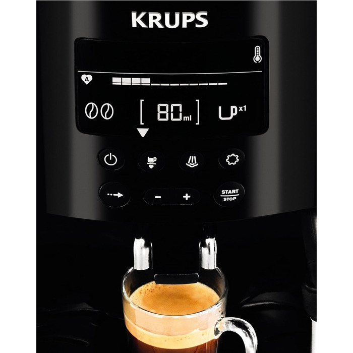 Повністю автоматична кавоварка Krups EA8150 Essential Espresso 1450 Вт Резервуар для води 1,7 літра 15 бар РК-дисплей 3 температурні рівні 3 помелу Чорний сингл