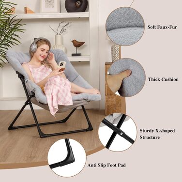 Розкладне крісло-блюдце, зручне крісло зі штучним хутром, розкладне крісло для відпочинку для підлітків та дорослих, великі крісла для читання у вітальні, спальні, гуртожитку, сірий