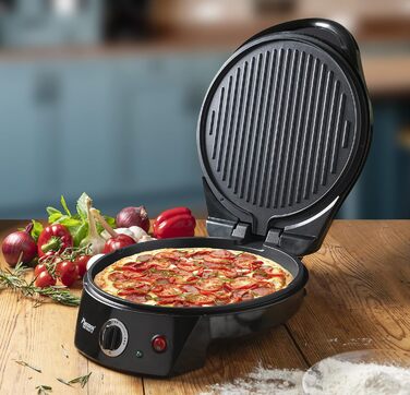 Електрична піч для піци Bestron, виробник піци до 230C, з верхнім/нижнім нагріванням, для домашньої або замороженої піци, тарт фламбе, кіш або обгортань до Ø 27см, 1800 Вт, колір Black Black Single