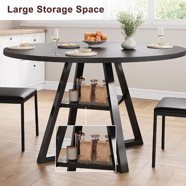 Круглий обідній стіл на 2-4 особи, обідній стіл з полицею, компактний дерев&39яний кухонний стіл в промисловому дизайні (чорний, 107x107x76см) Чорний 107 x 107 см