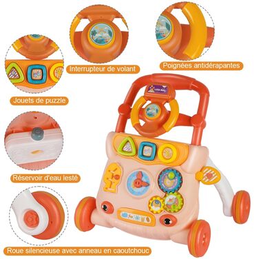 Дитячі ходунки, дитячі ходунки з музичним плеєром, амортизуючими колесами, подарунок для дітей від 6 місяців (36 x 34 x 42 см, рожеві) Рожеві 36x34x42 см