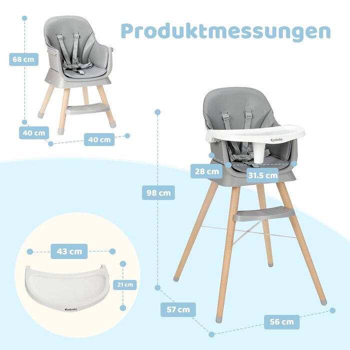 Стільчик для годування Ezebaby дитячий 6 в 1 бустерний стільчик, багатофункціональний стільчик для годування, дерев'яні ніжки, з 5
