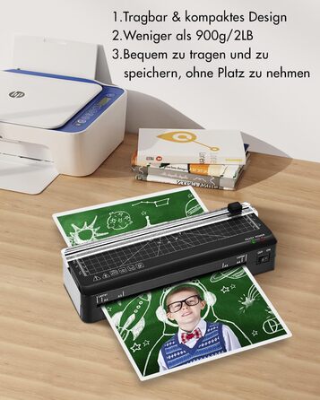 Ламінатор A4, швидкий прогрів за 70 секунд, вбудований різак, ламінатор з технологією NTC з 10 ламінувальними пакетами для A4/A5/A6, для офісу, дому та школи
